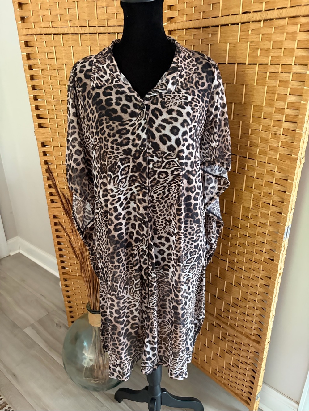 Leopard Print Women's Swim Coverup Kaftan - Brown/Black